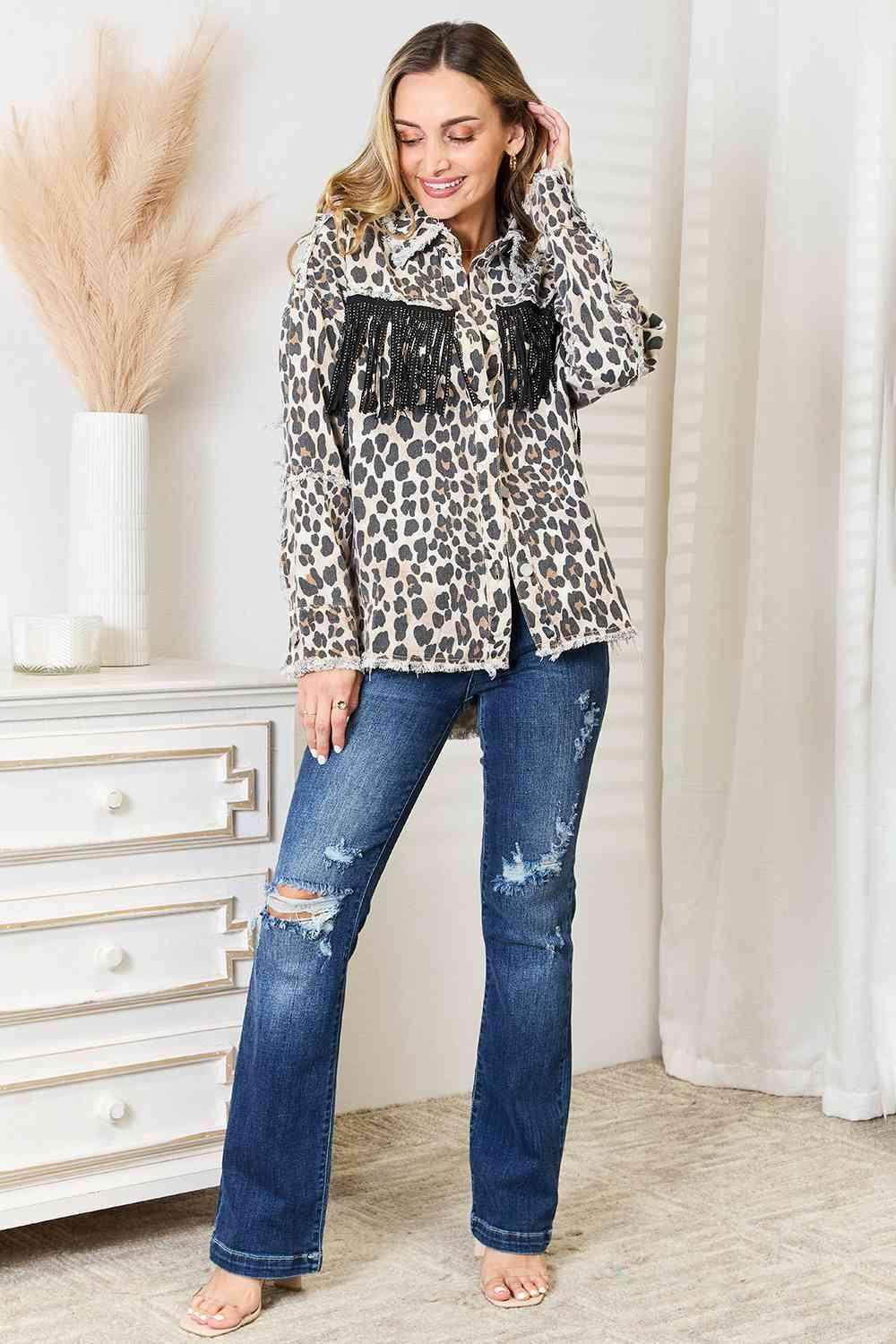 Leopard Fringe Detail Collared Neck Denim Jacket for Women - Selvanelle