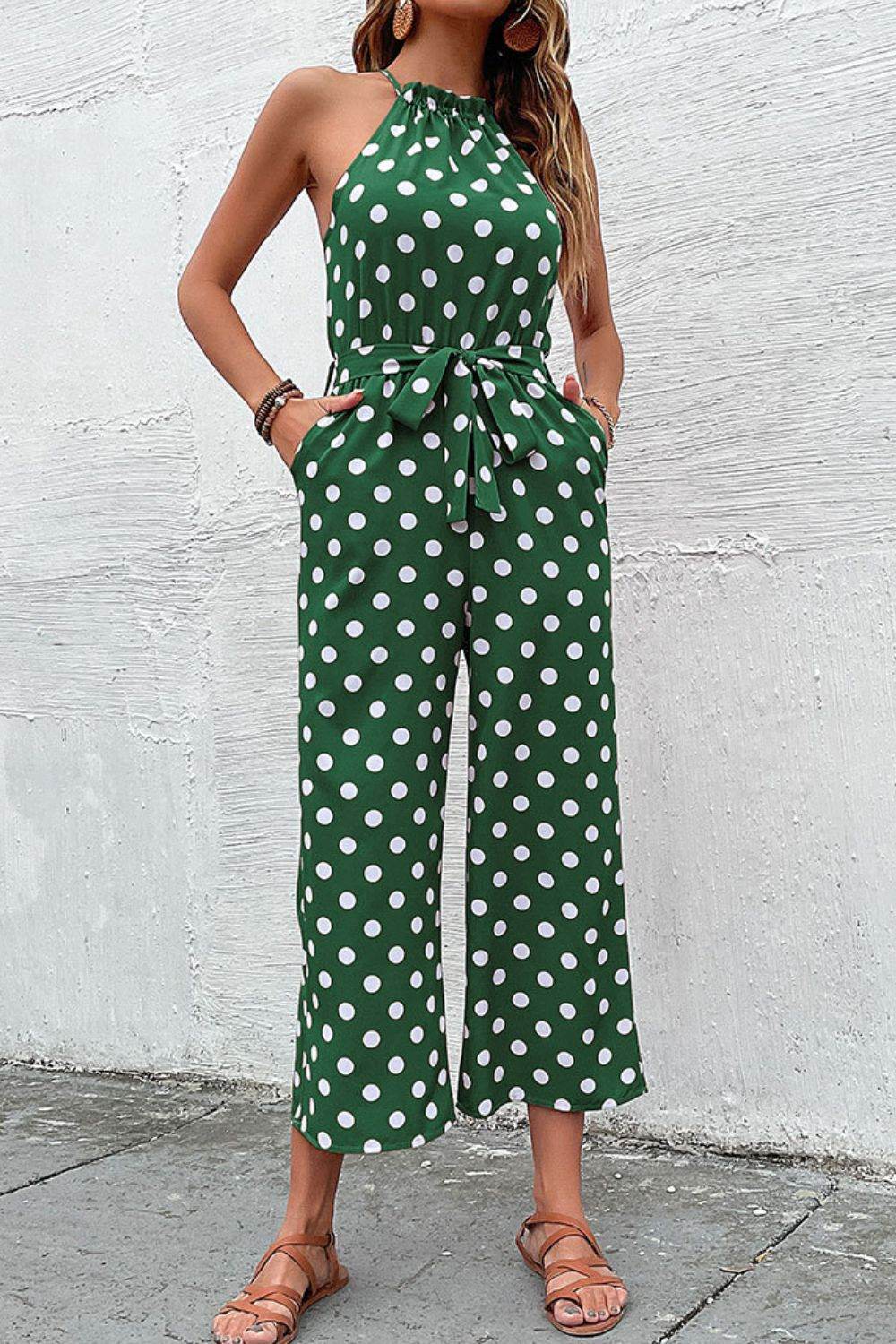 Perfee Polka Dot Grecian Wide Leg Jumpsuit - Selvanelle