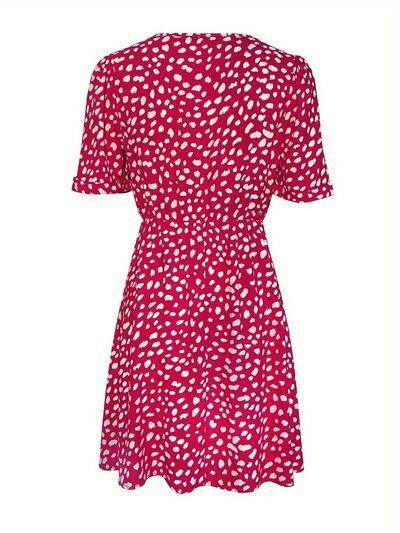 Printed V-Neck Short Sleeve Mini Dress for Women - Selvanelle