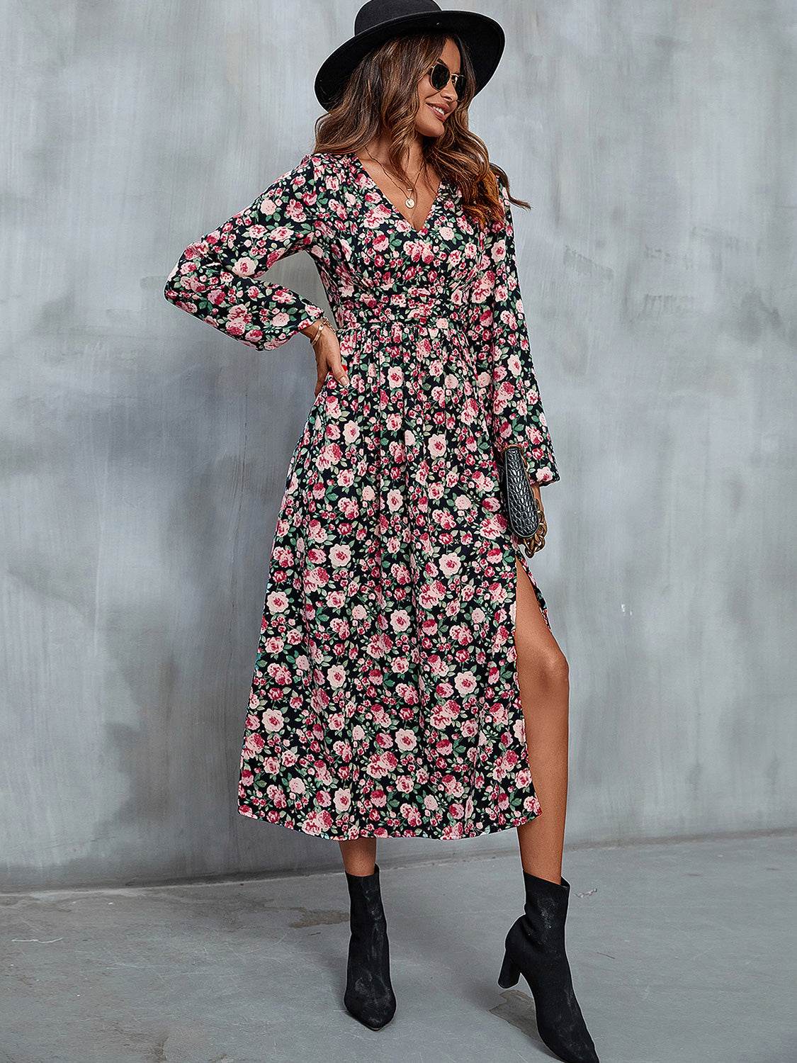 Perfee Floral V-Neck Slit Midi Dress - Selvanelle