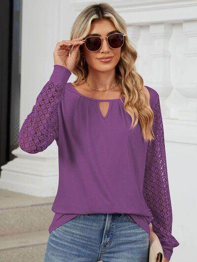 Cutout Round Neck Long Sleeve T-Shirt with Lace Detail - Selvanelle