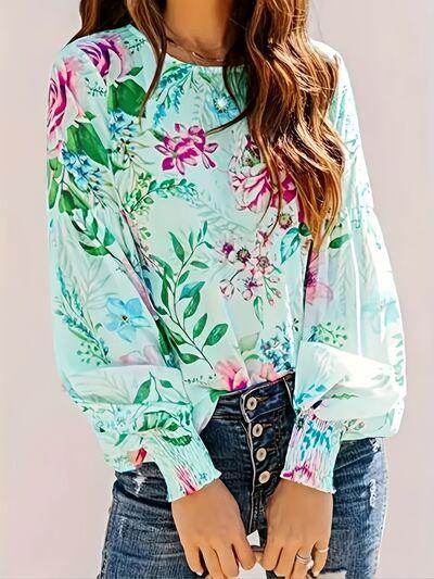 Smocked Printed Round Neck Lantern Sleeve Blouse for Women - Selvanelle