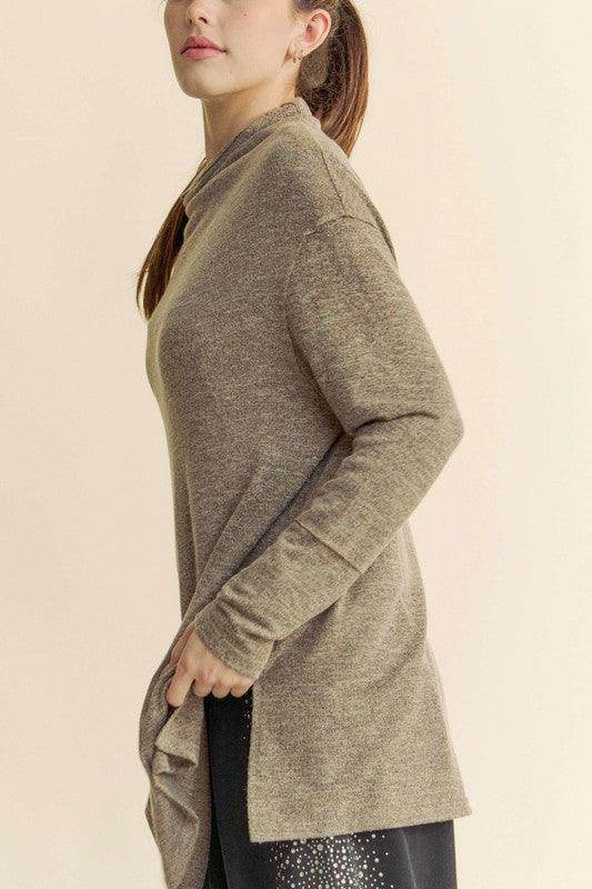 Davi & Dani Slit Mock Neck Long Sleeve Top for Women - Selvanelle