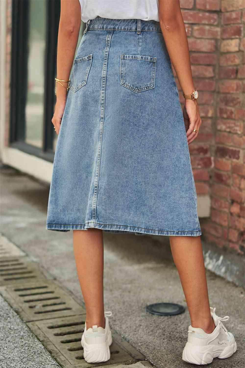 Button Front A-Line Denim Skirt for Casual Style Wear - Selvanelle