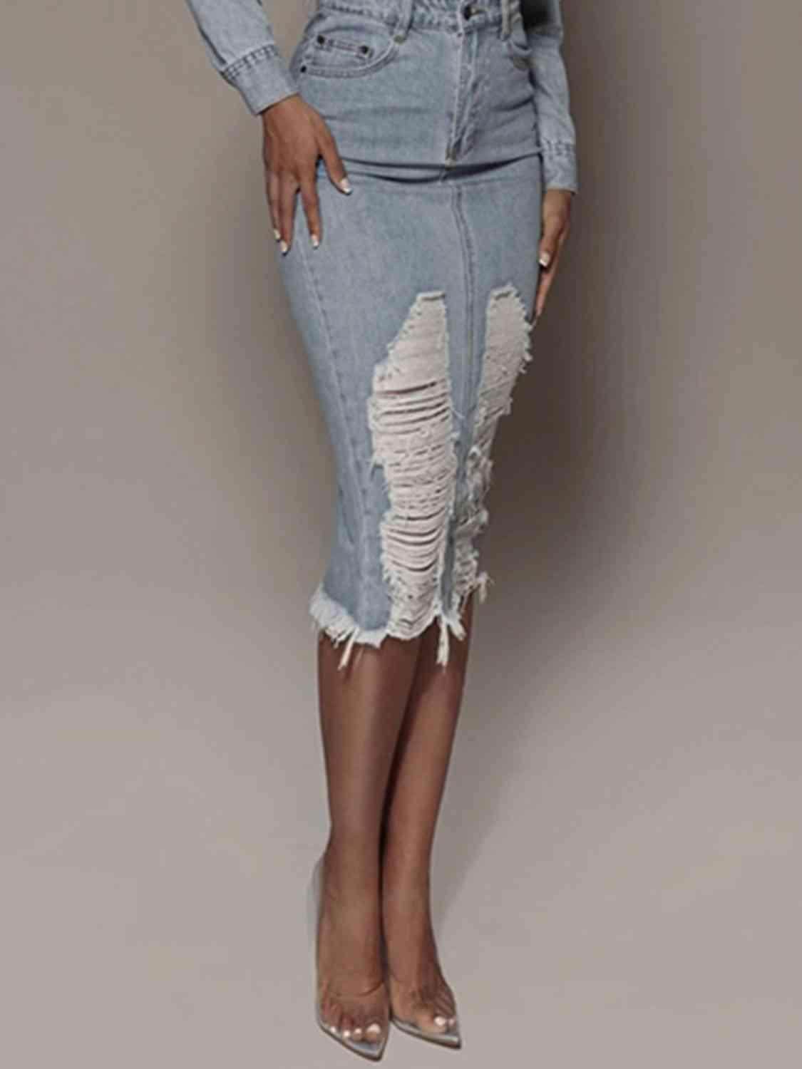 Distressed Slit Denim Skirt in 100 Percent Cotton Fabric - Selvanelle