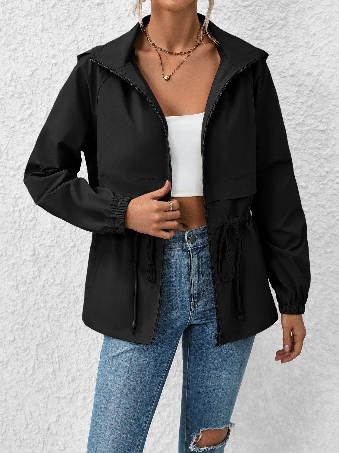 Ivy Lane Drawstring Zip Up Hooded Jacket for Women - Selvanelle
