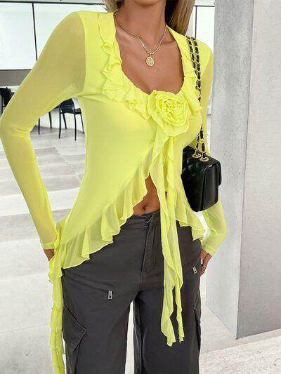 Devine Flower Scoop Neck Long Sleeve Top for Women - Selvanelle