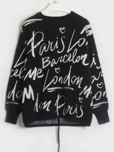 Drawstring Hem Letter Pattern Round Neck Dropped Shoulder Sweater - Selvanelle