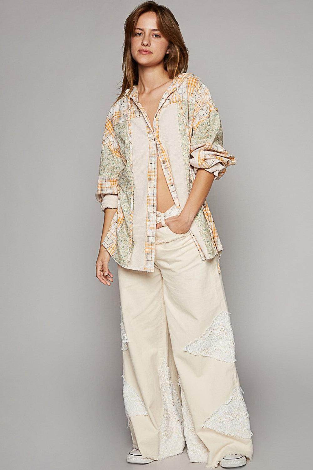 POL Long Sleeve Knit Mixed Hoodie Plaid Shirt for Women - Selvanelle