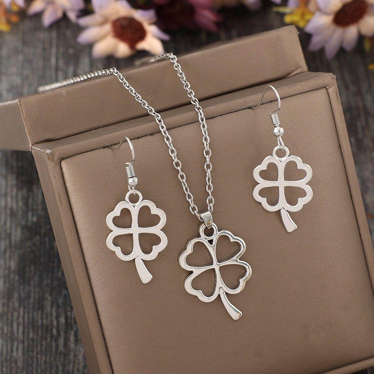Lucky Clover Alloy Earrings and Necklace Jewelry Set Gift - Selvanelle