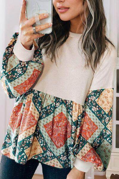 Printed Round Neck Long Sleeve Blouse for Women Fashion - Selvanelle