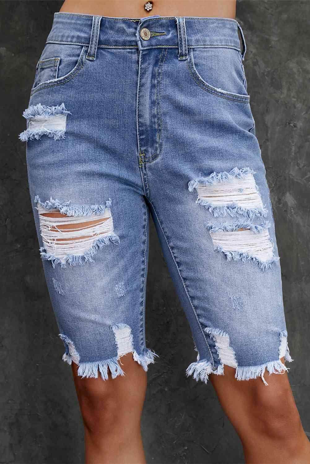 Distressed Frayed Hem Denim Bermuda Shorts for Women - Selvanelle