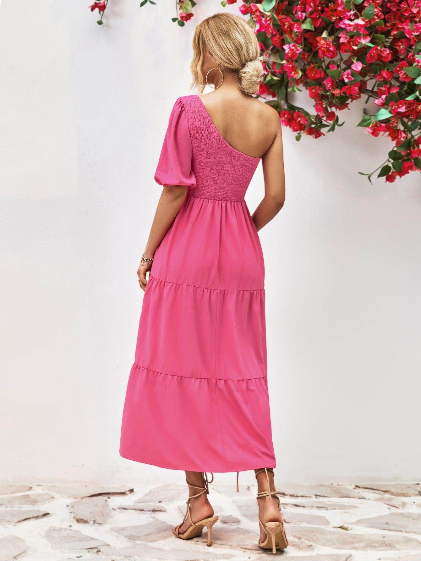 Chic Smocked One-Shoulder Midi Dress for Elegant Style - Selvanelle