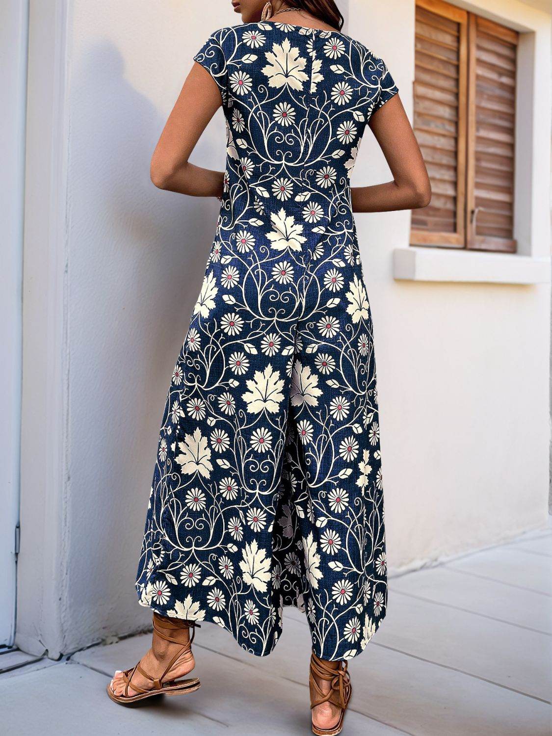 Perfee Printed Round Neck Cap Sleeve Wide Leg Jumpsuit - Selvanelle