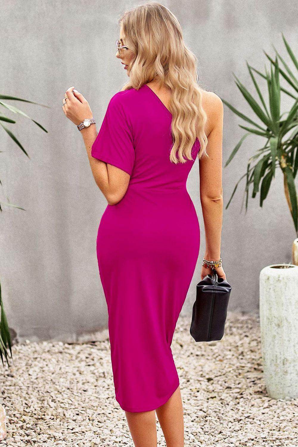 Devine Ruched One-Shoulder Tulip Hem Dress for Women - Selvanelle