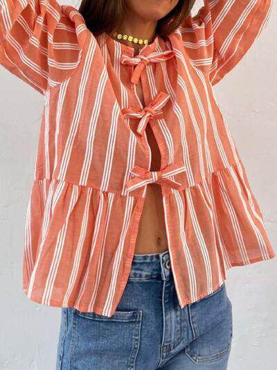 Tied Round Neck Balloon Sleeve Shirt for Stylish Look - Selvanelle