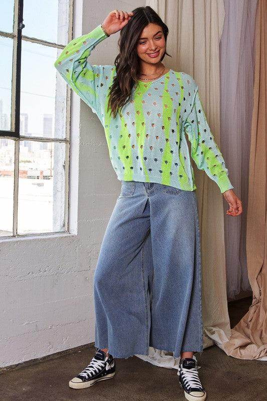 Davi & Dani Two-Tone Ribbed Hem Openwork Knit Top Style - Selvanelle