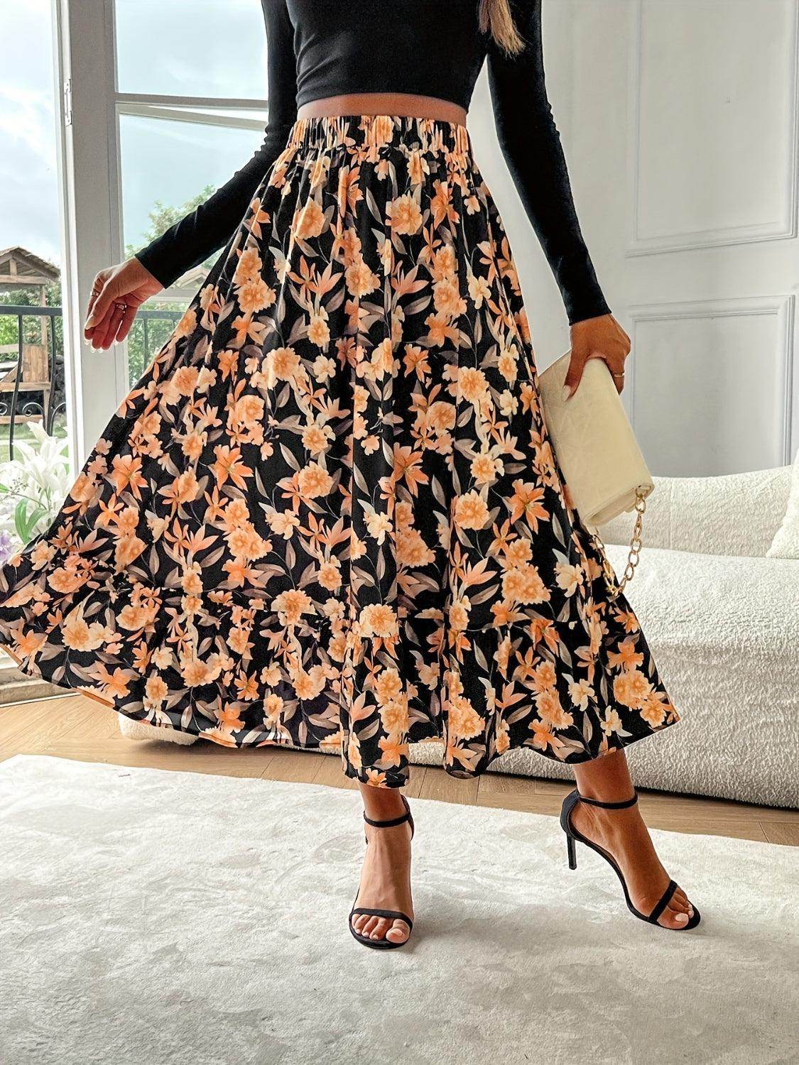 Floral Elastic Waist Midi Skirt for Effortless Style - Selvanelle