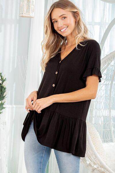 Heimish Full Size Ruffled V-Neck Short Sleeve Blouse Plus Size - Selvanelle