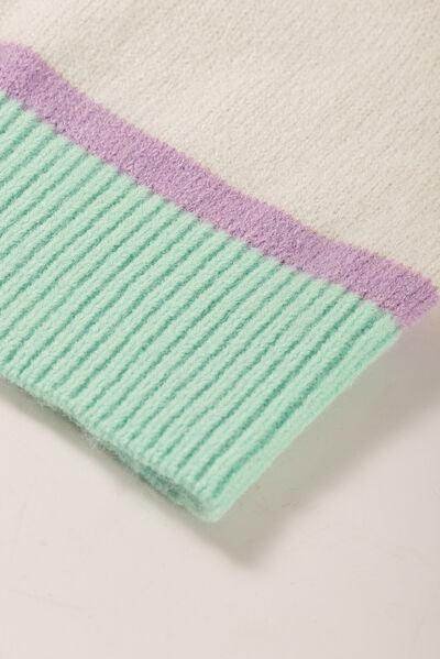 Contrast Striped Round Neck Drop Shoulder Sweater for Women - Selvanelle