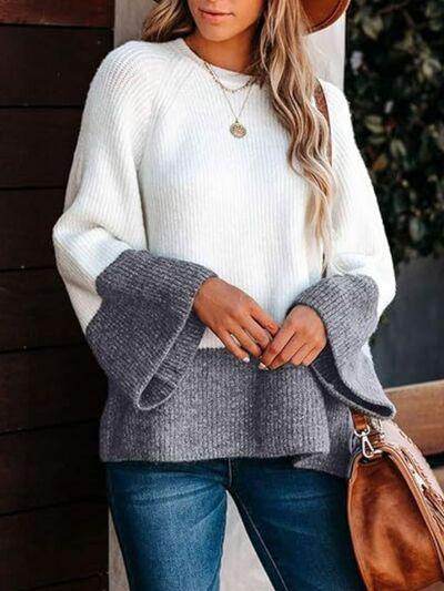Contrast Round Neck Long Sleeve Sweater for Women Stylish - Selvanelle