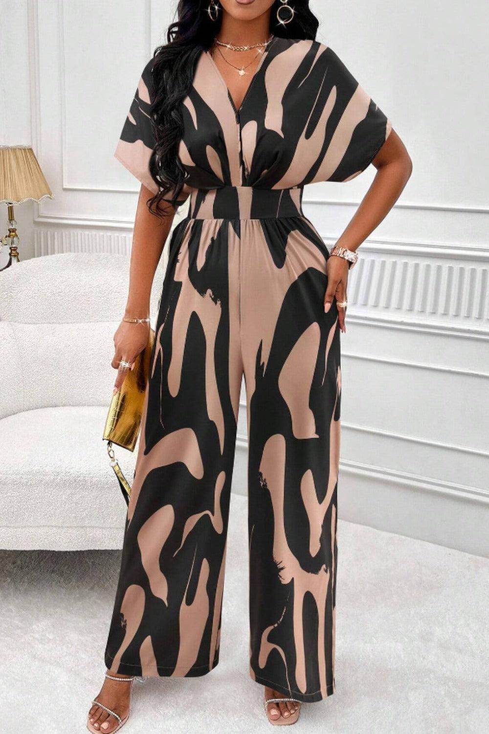 Printed V-Neck Short Sleeve Wide Leg Jumpsuit for Women - Selvanelle