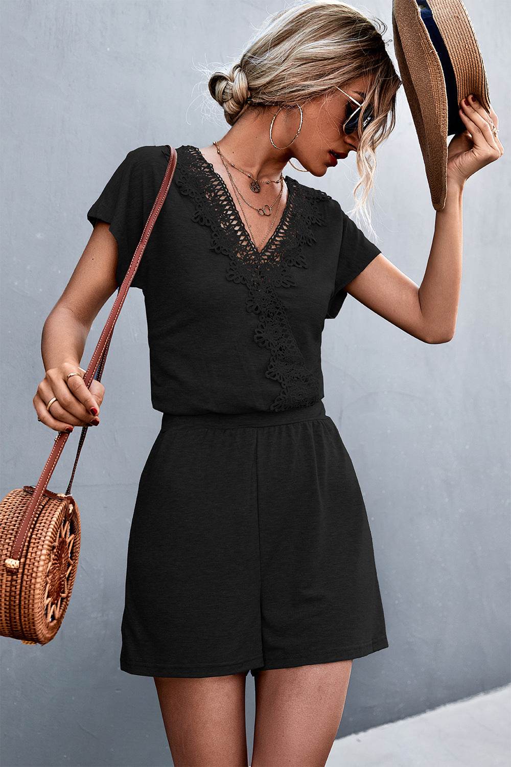 Lace Trim V-Neck Romper - Selvanelle
