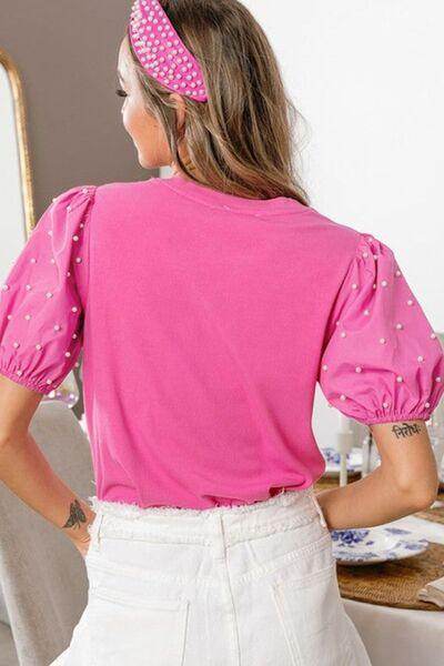 Pearl Detail Round Neck Puff Sleeve Blouse for Women - Selvanelle