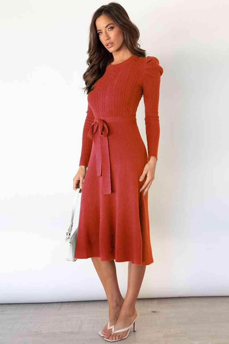 Round Neck Long Sleeve Tie Waist Sweater Dress for Women - Selvanelle