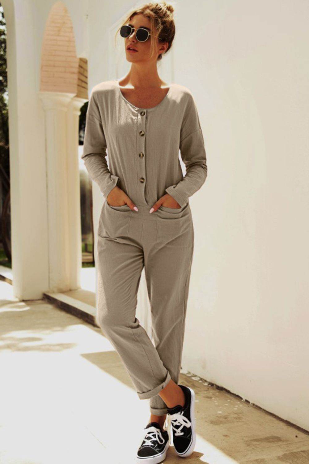 Buttoned Drop Shoulder Pocket Jumpsuit - Selvanelle