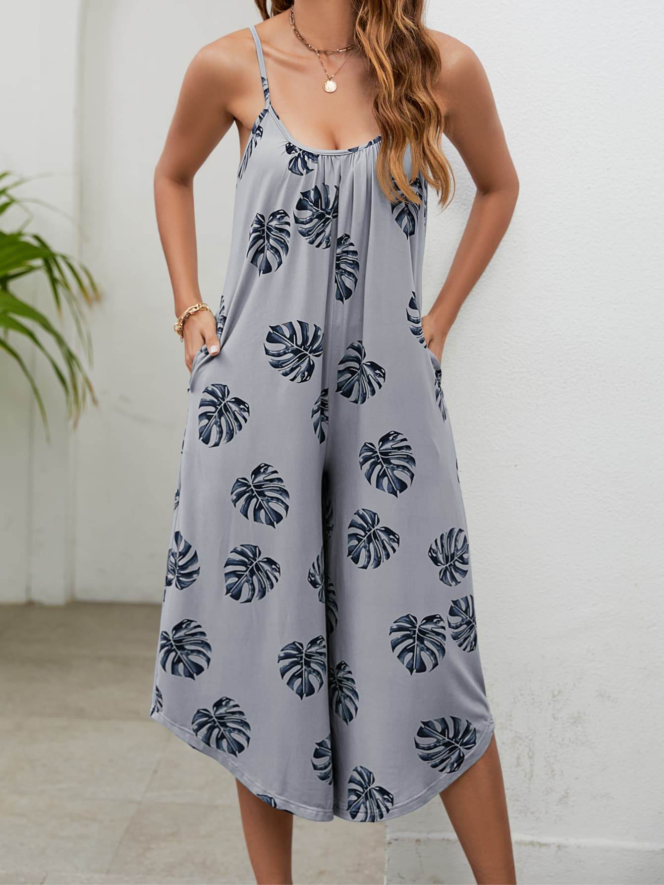 Botanical Print Spaghetti Strap Scoop Neck Jumpsuit - Selvanelle