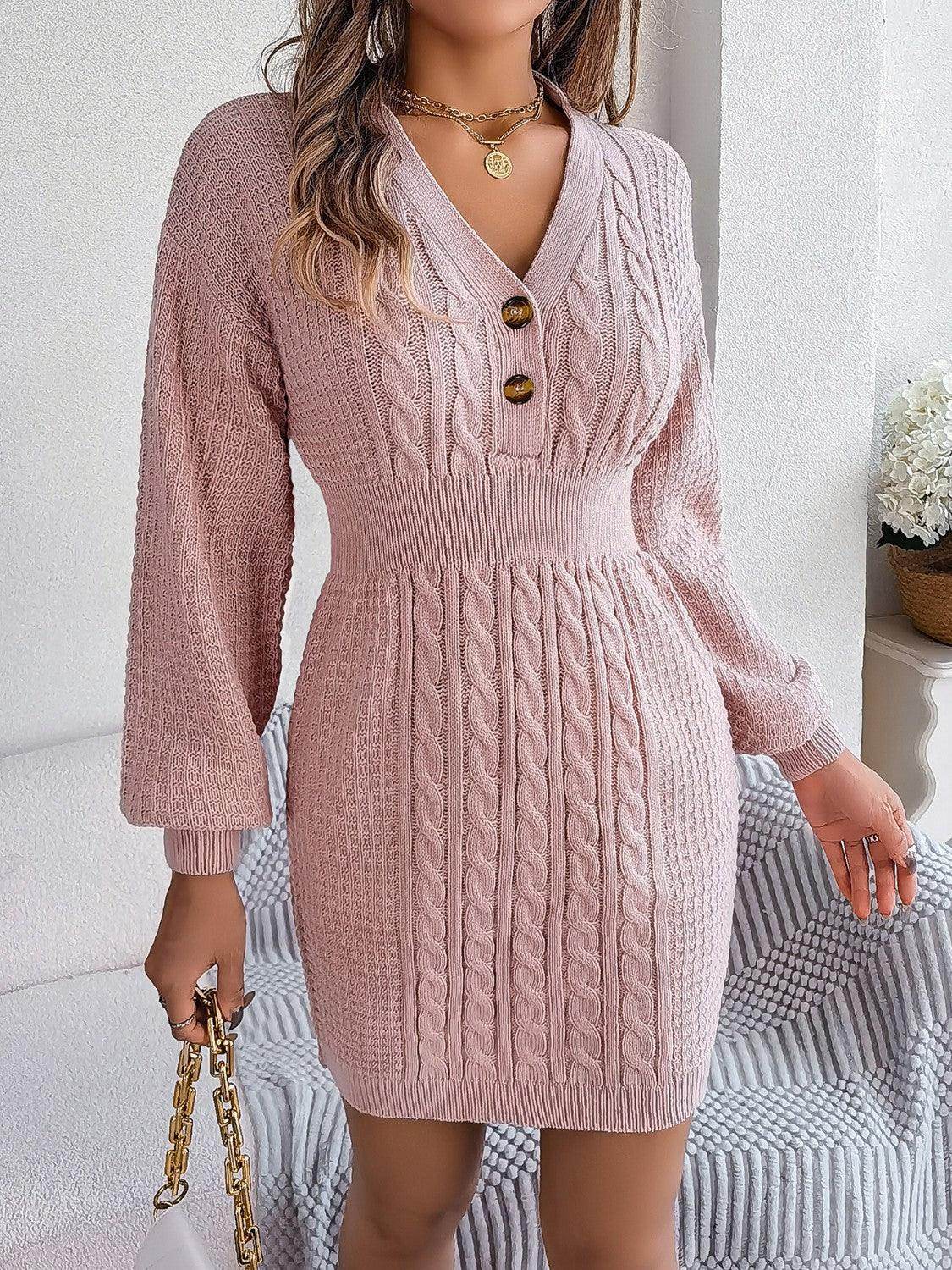Buttoned Cable-Knit V-Neck Sweater Dress for Women - Selvanelle