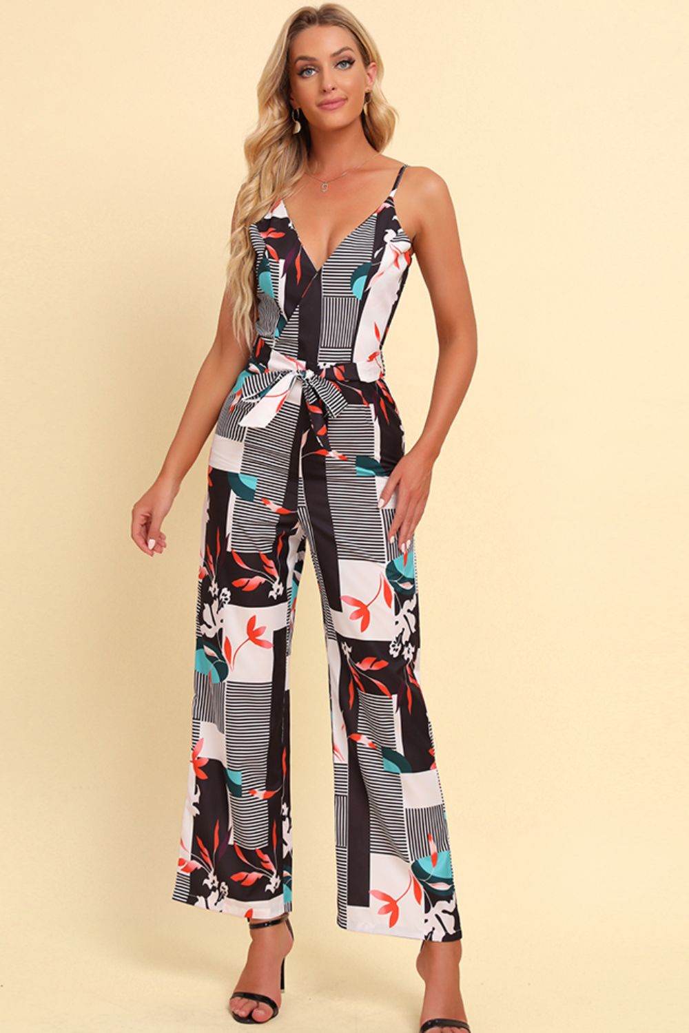 Printed Spaghetti Strap Tied Jumpsuit - Selvanelle