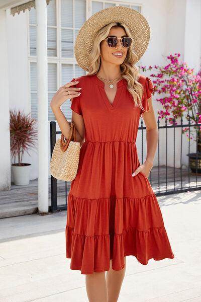 Ruched Notched Cap Sleeve Dress with Pockets and Stretch - Selvanelle