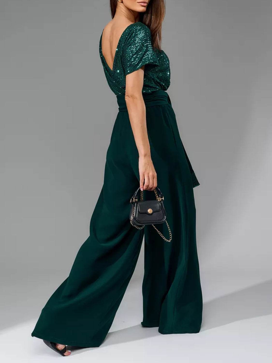 Full Size Sequin Round Neck Short Sleeve Wide Leg Jumpsuit - Selvanelle