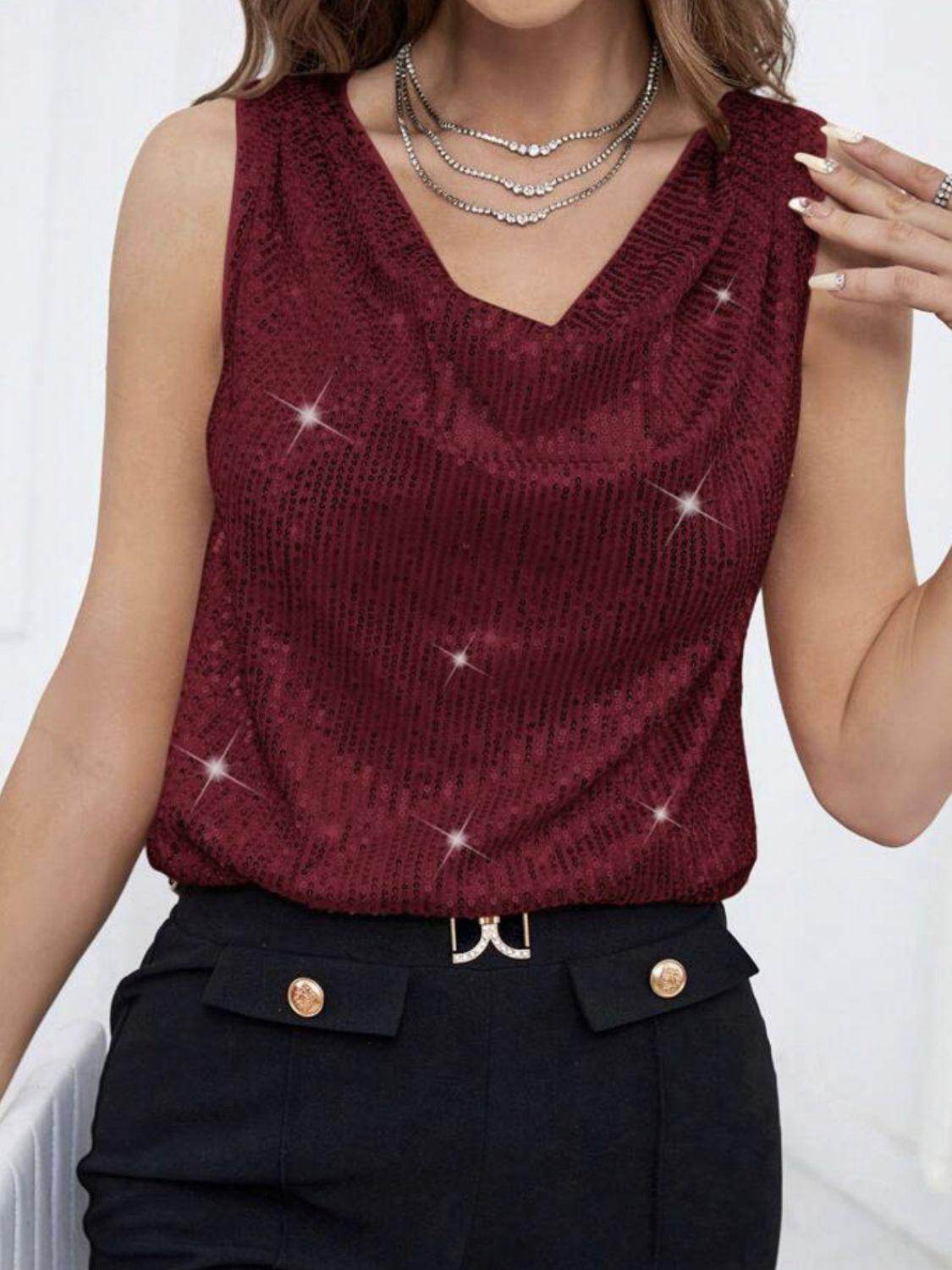 Sequin Cowl Neck Tank Top for Stylish Evening Wear - Selvanelle