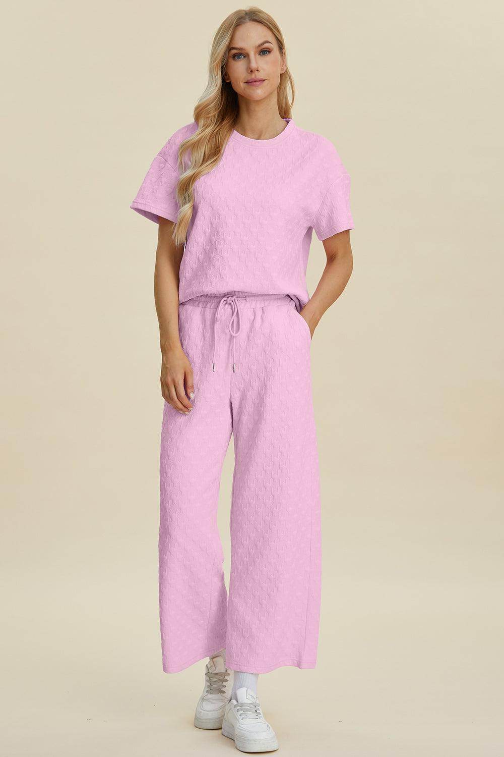 Double Take Full Size Texture Round Neck Top and Pants Set - Selvanelle