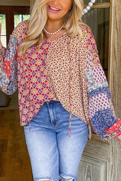 Printed Tie Neck Long Sleeve Blouse for Women Fashion - Selvanelle