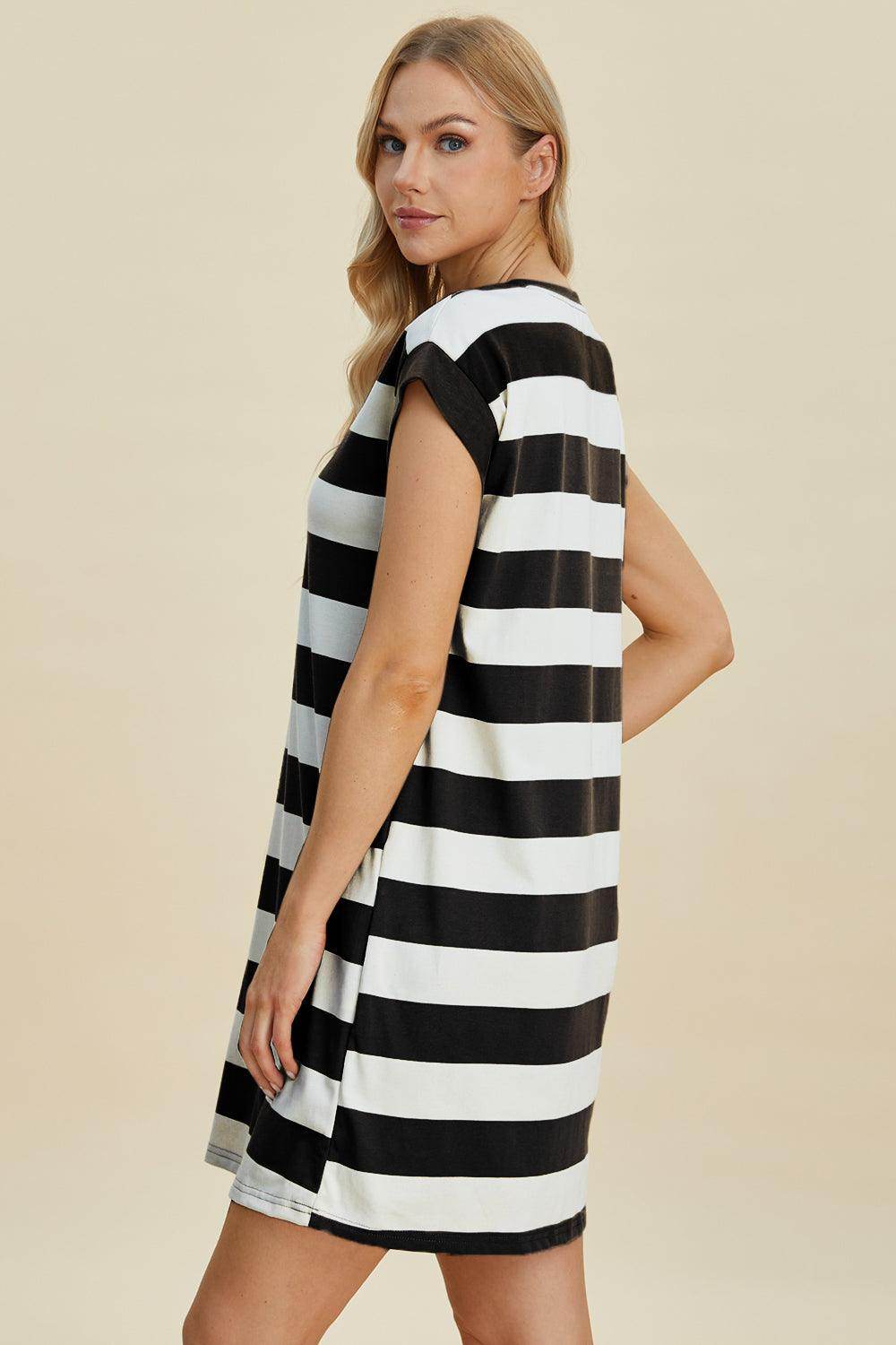 Basic Bae Full Size Striped Round Neck Cap Sleeve Mini Dress - Selvanelle