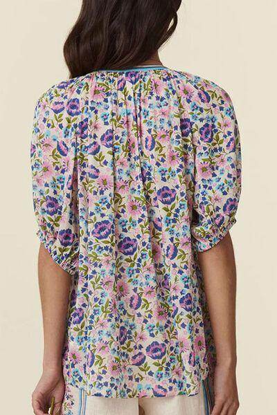 Floral Tie Neck Half Sleeve Blouse for Women Stylish Wear - Selvanelle