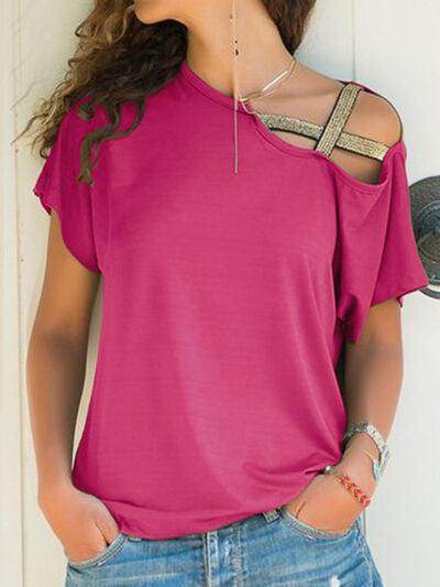 Asymmetrical Neck Short Sleeve T-Shirt for Women Fashion - Selvanelle