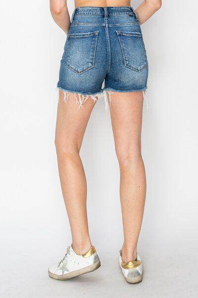 RISEN High Rise Raw Hem Distressed Denim Shorts for Women - Selvanelle