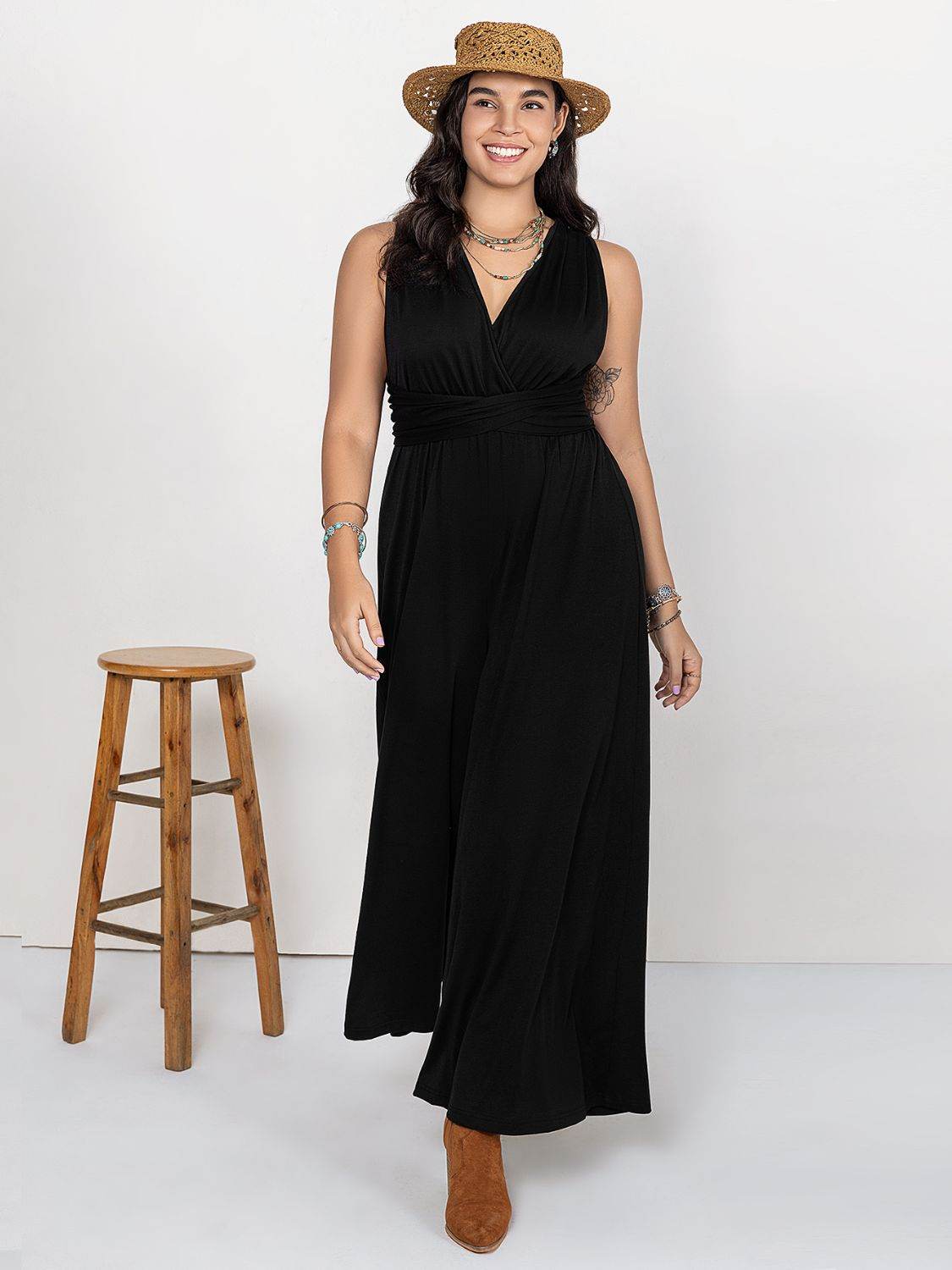 Plus Size V-Neck Wide Leg Jumpsuit - Selvanelle