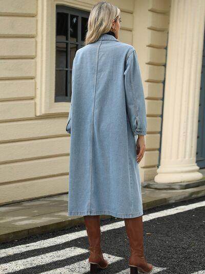 Pocketed Button Down Collared Neck Denim Jacket for Women - Selvanelle