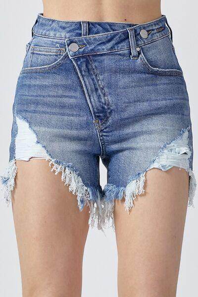 RISEN Raw Hem Asymmetrical Waist Denim Shorts for Women - Selvanelle