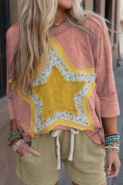 Star Applique Round Neck T-Shirt for Stylish Casual Wear - Selvanelle