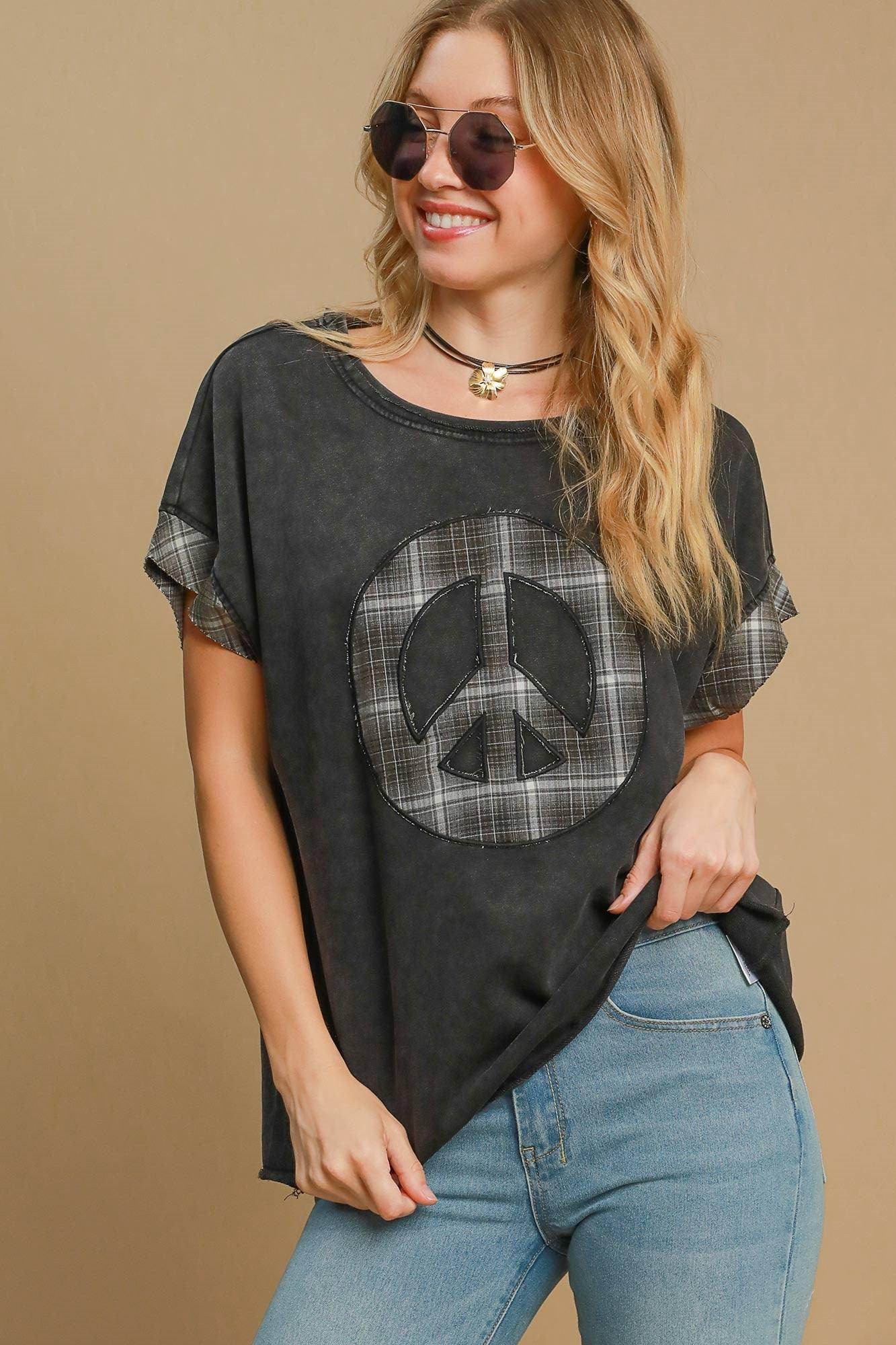 Umgee Peace Applique Round Neck French Terry Top for Women - Selvanelle