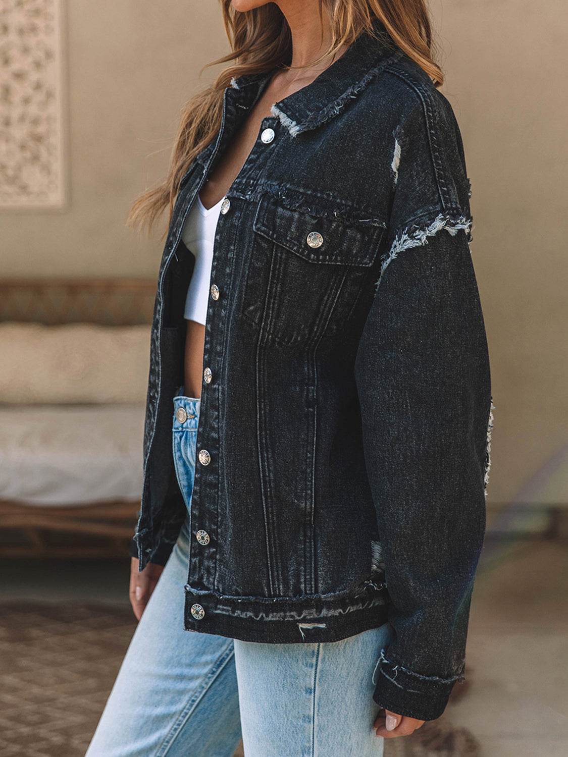 Button Up Raw Hem Distressed Denim Jacket - Selvanelle