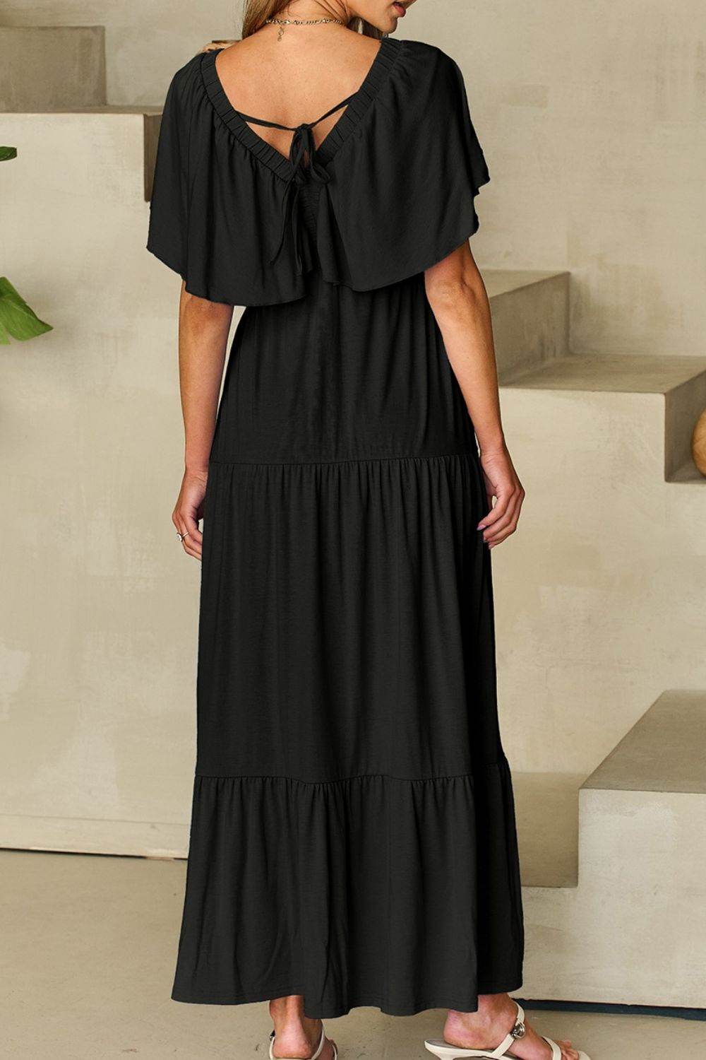 Ruffled V Neck Flutter Sleeve Maxi Dress - Selvanelle