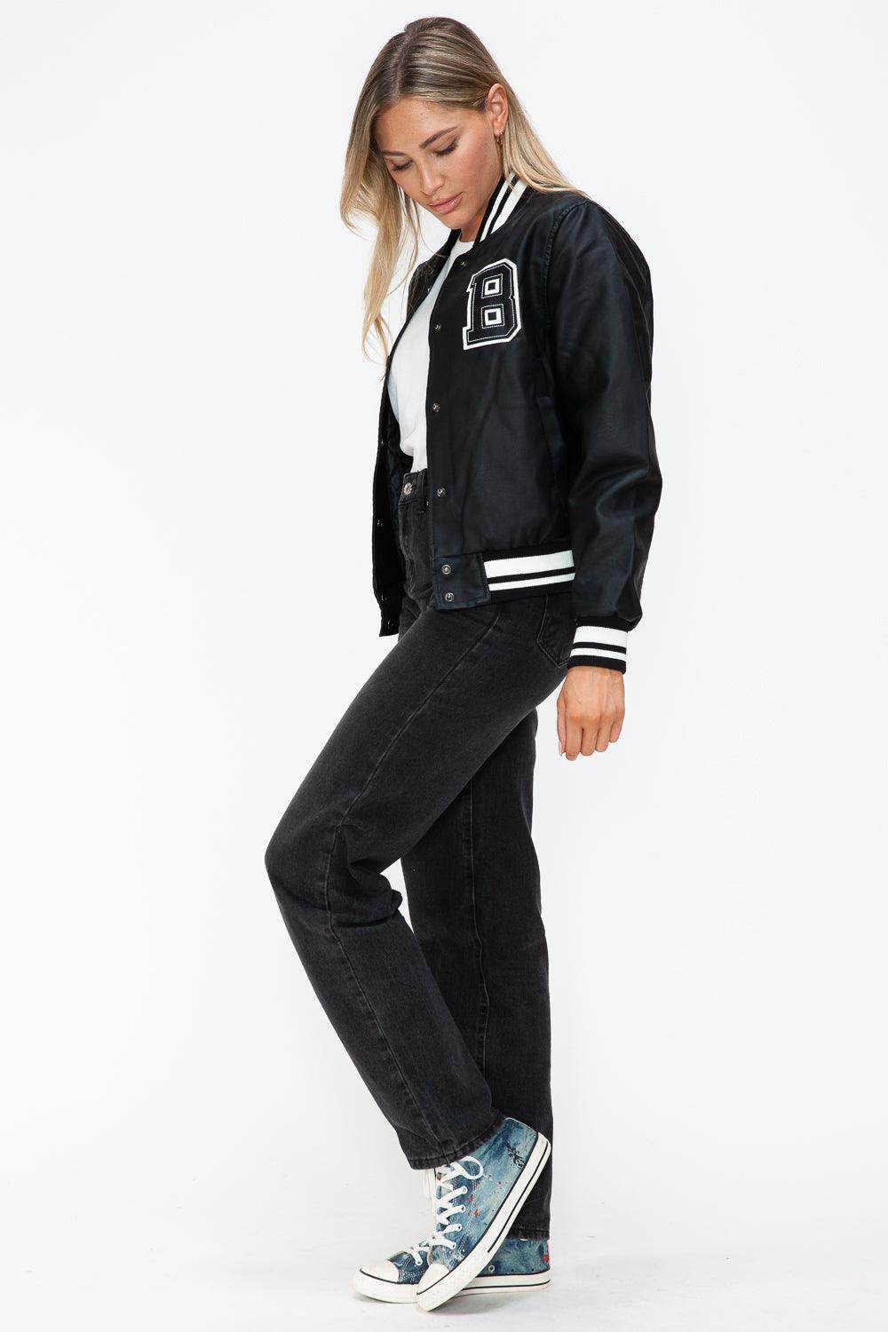 Love Me Now PU Leather Contrast Snap Down Bomber Jacket - Selvanelle